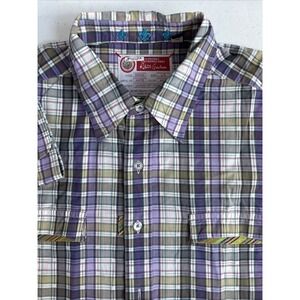 Robert Graham Mens L Purple White Green Plaid Fleur De Lis Long Sleeve Button Up